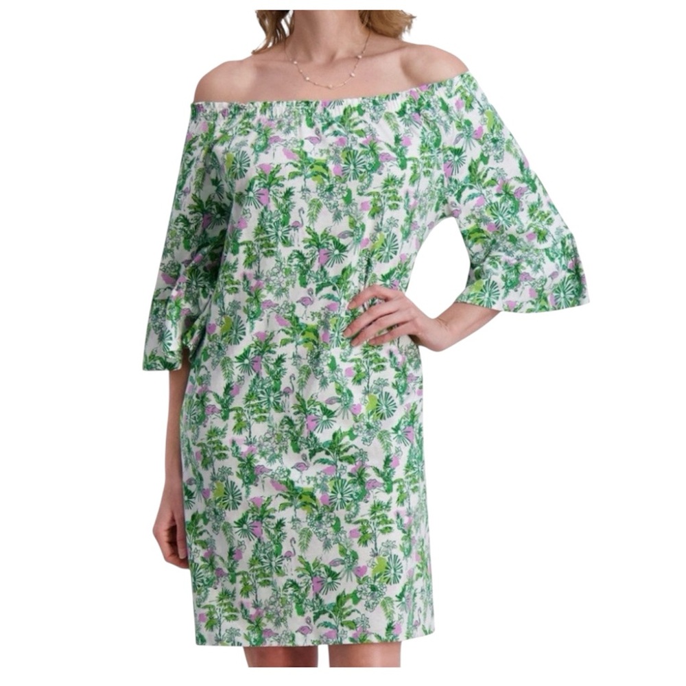 Stella Parker Women Off Shoulder Ruffle 3/4 Sleeves Flamingo Print Dress Sz. XL